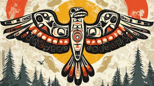 A stylized, colorful eagle with intricate patterns against a rustic, earthy background with trees and a sun.