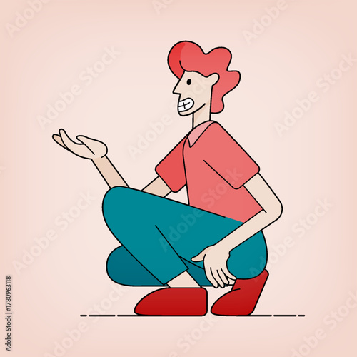 Line art illustration of a man squatting to ask for something. Can be used for banners, ads, brochures and website pages