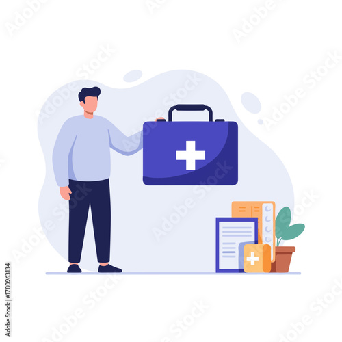 Man holding medical kit while standing next to health documents and plant  