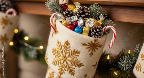 A Christmas stocking filled with candy pinecones and greenery sits on a mantelpiece