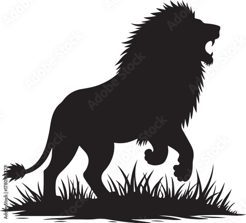 Black silhouette of a roaring lion on grass mane