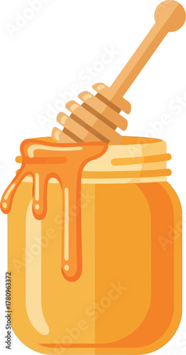 Sweet golden honey jar with wooden dipper flat icon design