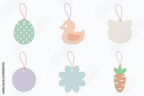 set of easter tags.  Easter labels with hanging thread vector illustration.