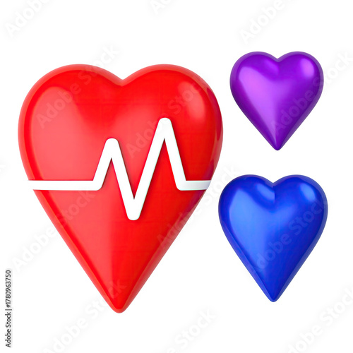 3D-rendered hearts with vibrant colors, one showing a heartbeat graph