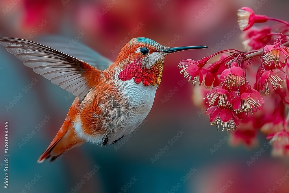 Obraz premium tiny bird feeding on bright hibiscus flower. Generative AI