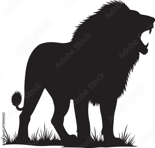 Black silhouette of a roaring lion standing on grass