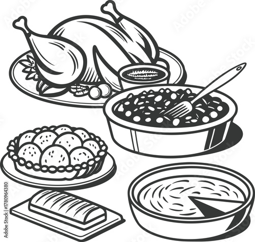 Holiday dinner line art vector of roasted turkey, pies, bread, and sides