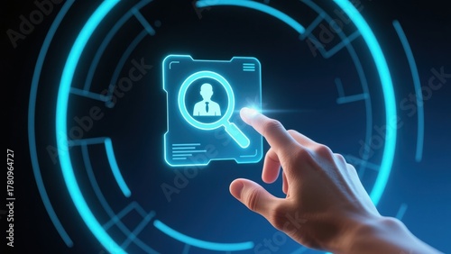 A hand interacting with holographic person search icon on dark neon interface, representing hiring and advanced process control digital search