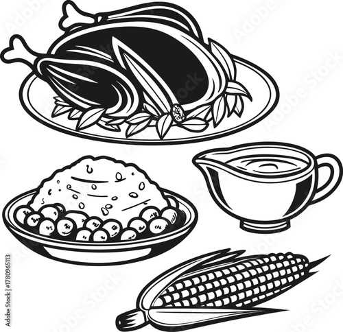 Thanksgiving dinner line art illustration of traditional holiday meal elements