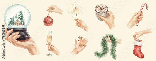 Hands holding Christmas and New Year objects — snow globe, ornament, champagne glass, sparkler, cocoa, candy cane, wreath, and stocking.