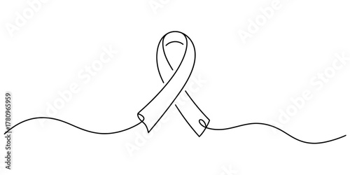 Continuous line art drawing of an awareness ribbon, symbolizing support, hope, and solidarity for various causes and health initiatives worldwide.