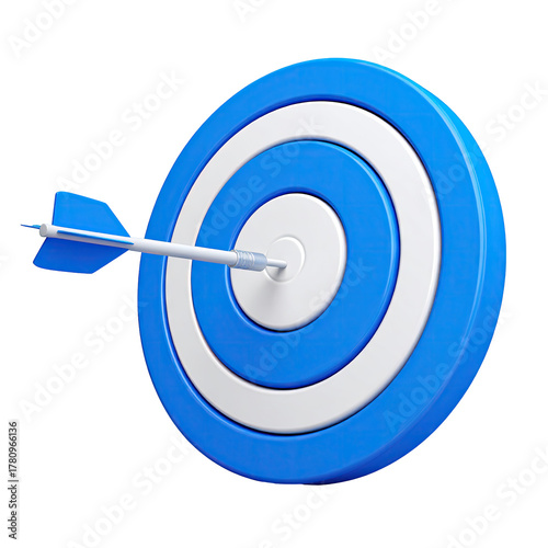 A 3D rendered target with a dart hitting the bullseye, on black