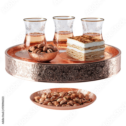 Traditional Tea Set with Pastry Cake and Nuts Served on Copper Tray Isolated on White Background – Middle Eastern Tea Ceremony Setup