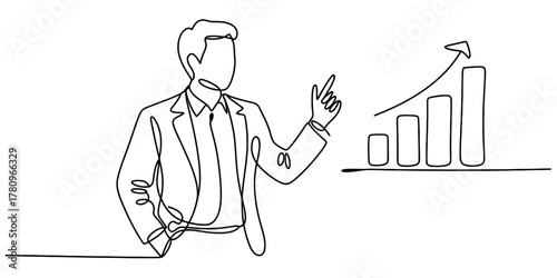 Single continuous line drawing of a businessman presenting a growing bar graph, symbolizing success, financial growth, investment, and strategic business progress.