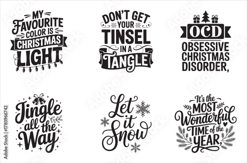 Collection of festive christmas typography designs with playful quotes and illustrations