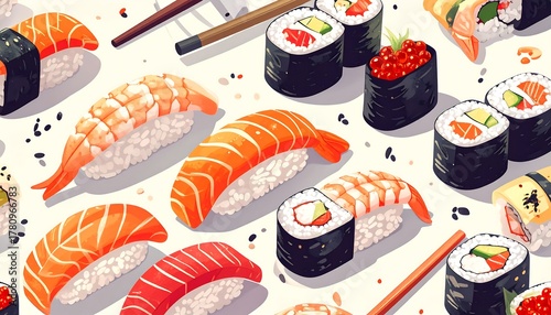 Wallpaper Mural Assortment of fresh and vibrant sushi pieces on a light surface Torontodigital.ca