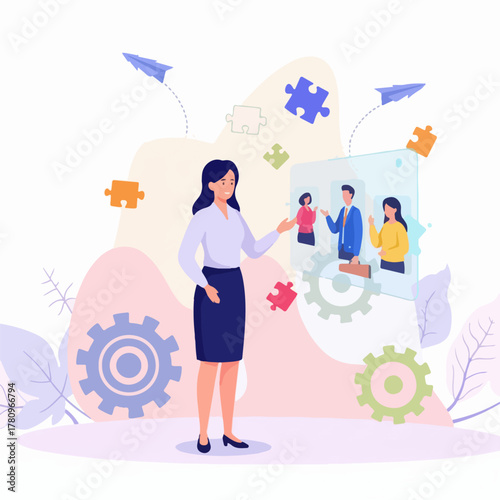 Businesswoman Leading a Virtual Meeting with Holographic Team Avatars