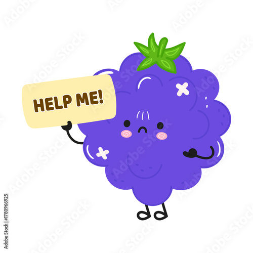 Blackberry cartoon character holding help me sign