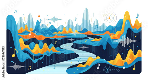 Abstract landscape with musical notes and sound waves.