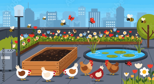 Cartoon chickens and bees in a vibrant urban rooftop garden.