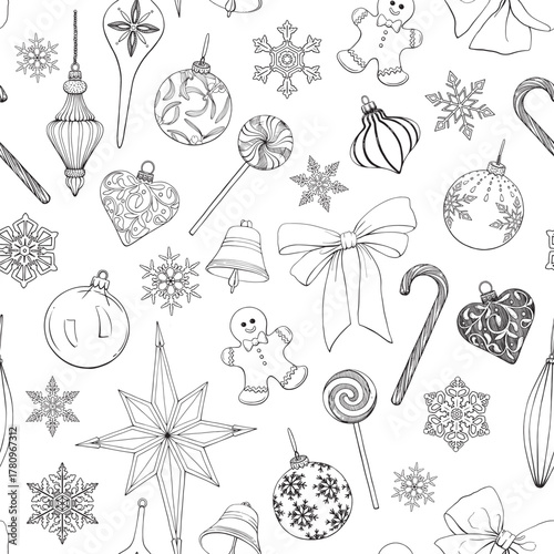 Line art Christmas Vintage seamless pattern with bells balls toys bow snowflakes candy gingerbread. Black white Hand drawn Vector background for design package, holiday, wrapping paper, decor new year