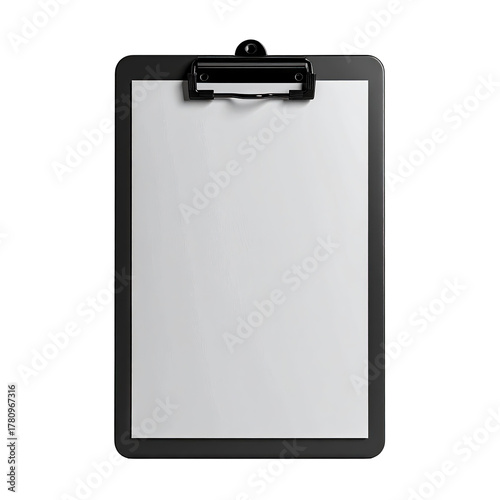 A black clipboard holds a blank white paper, isolated against a solid black backdrop