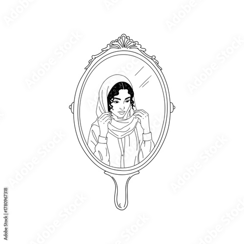 Muslim woman adjusting her scarf while looking in a mirror  