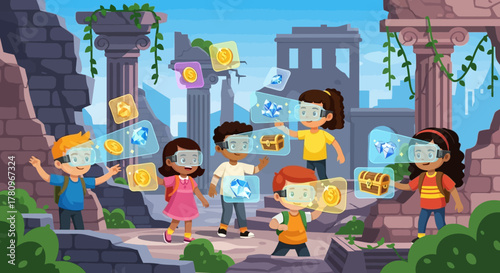 Children experiencing virtual reality in an ancient setting exploring digital worlds.