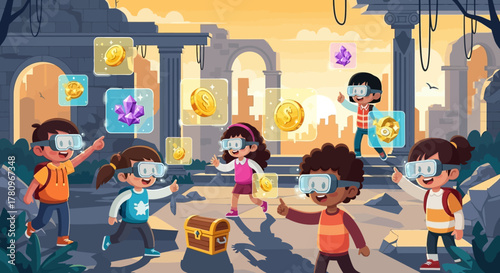 Children Exploring Ancient Ruins with Virtual Reality Headsets.