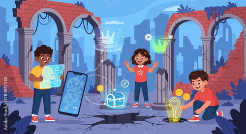 Children exploring augmented reality game with map and smartphone.