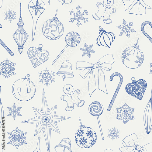 Christmas Vintage seamless pattern with bells balls toys bow snowflakes candy gingerbread. Blue beige Hand drawn Line art Vector background for design package, holiday, wrapping paper, decor new year