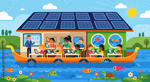 Children learning in a solar-powered floating classroom on a river.