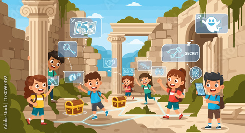 Children playing augmented reality game in ancient ruins.