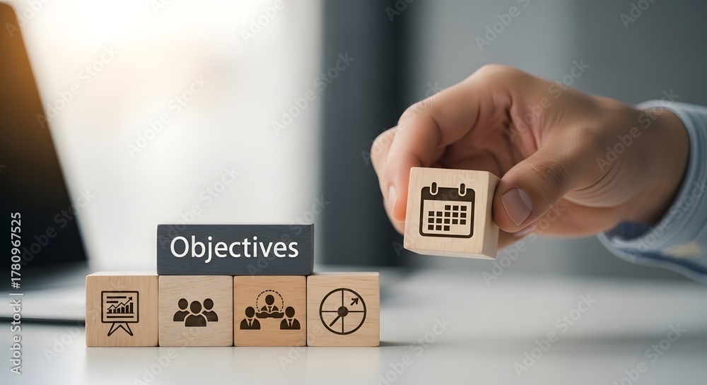 Obraz premium Business objective blocks with icons and hand
