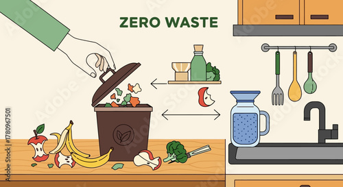 Composting organic food scraps for a zero waste lifestyle illustration.