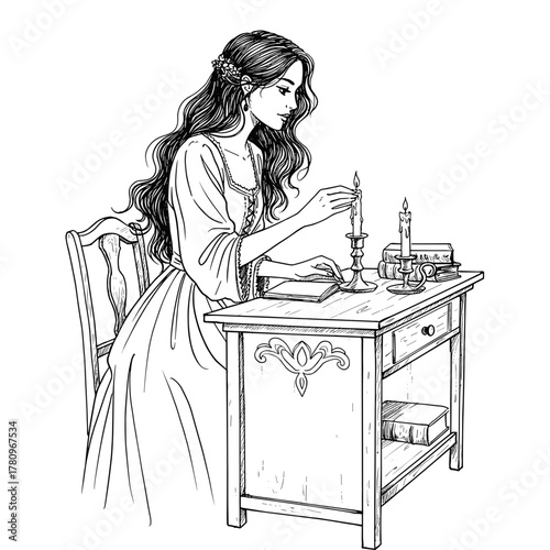 Young woman writing at a table with candlelight in a vintage style  