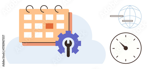 Calendar and gear for settings and organization, clock for time, and globe for global connectivity. Ideal for planning, productivity, scheduling, time management, global communication, business