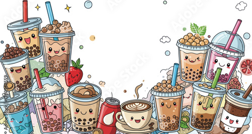 Kawaii bubble milk tea assortment with smiling faces for menu designs and advertising
