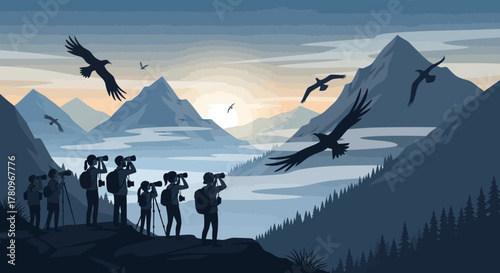 Group of bird watchers observing eagles in a mountainous landscape at sunrise.