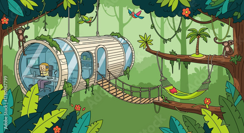 Futuristic cylindrical treehouse suspended in lush jungle canopy.