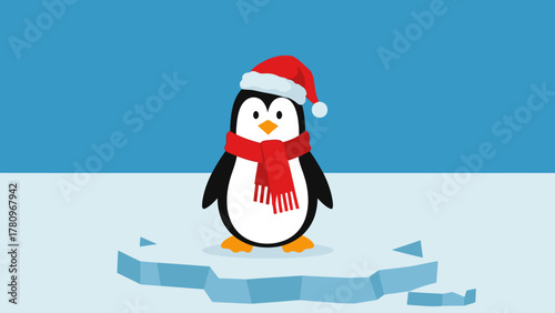 Festive Penguin Illustration - Winter Holiday Theme with Santa Hat and Scarf.