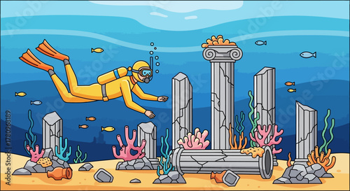 Scuba Diver Exploring Ancient Underwater Ruins with Coral and Fish.