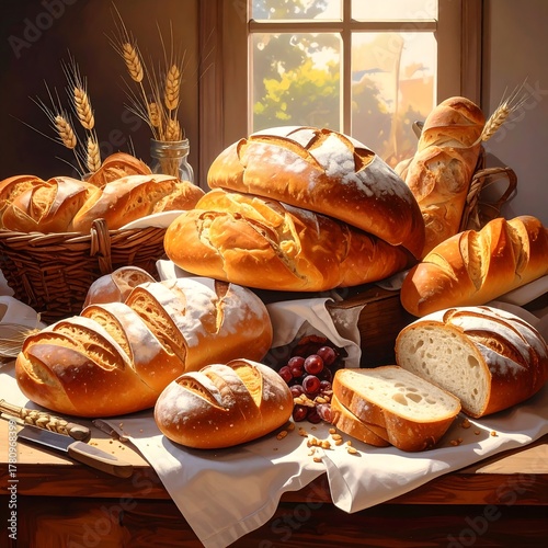 Wallpaper Mural Assortment of fresh artisan breads, golden crusts, on a rustic table Torontodigital.ca