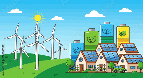 Sustainable community powered by renewable wind and solar energy.