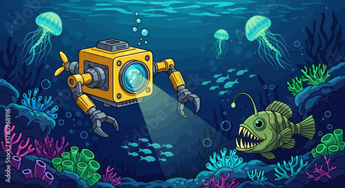 Underwater Robot Exploring the Deep Sea with Anglerfish and Jellyfish.