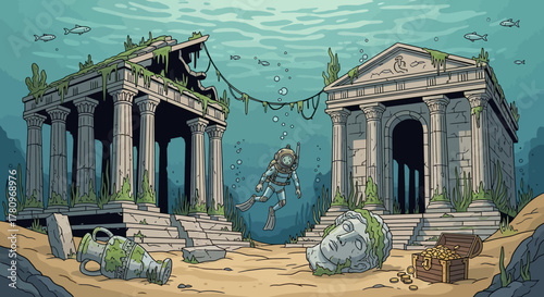 Underwater Ruins with Diver Exploring Ancient Structures.