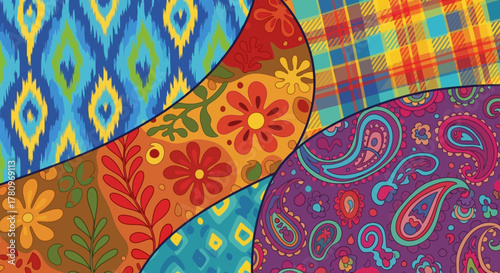 Vibrant Collage of Bohemian Fabric Patterns and Textures.