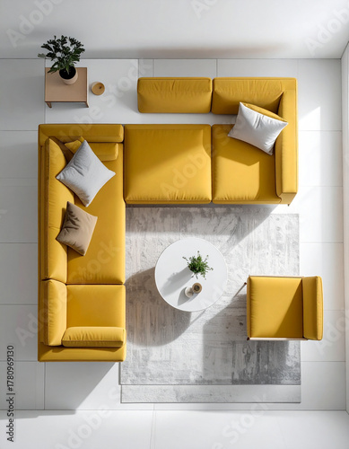 Stylish yellow sectional sofa arrangement modern living room interior design minimalistic environment top-down view contemporary concept for home decor