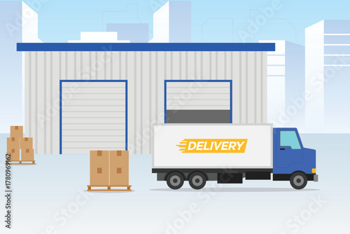 Warehouse building logistics with truck delivery shipping