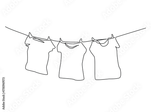 Clothes hang on laundry rope clothesline outline draw illustration. Continuous line art drawing of laundry clothesline in outdoor. Editable stroke.